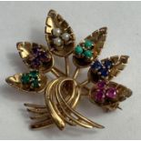 A vari-gem set 1950s spray brooch, unmarked, 8.6 g