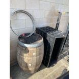 Large oak barrel along with a wooden crate
