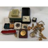 Tray of collectables including jewellery, pocket k