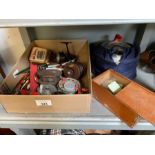 Crate of fishing reels, floats, camping equipment