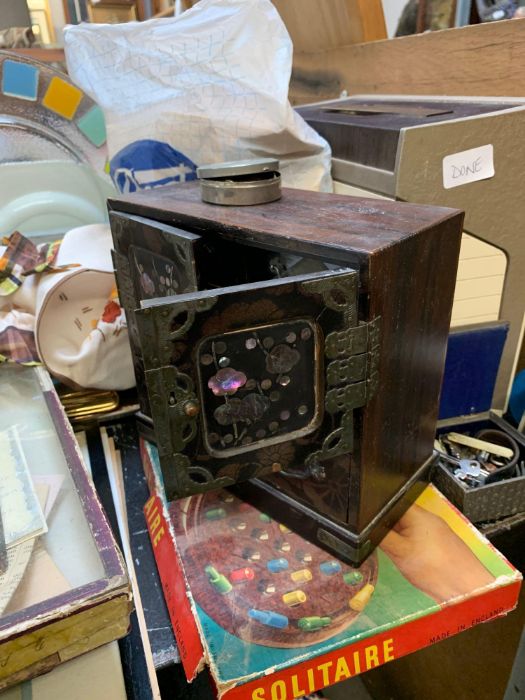 Collectables to include teak desk lamp, oak barrel