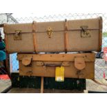 2 vintage suitcases & a wooden military trunk