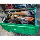 Crate of hand tools, door knockers + other items