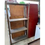 7 wooden top trestle tables & a four tier shelving