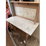 Pine wash stand with marble top and decorated back