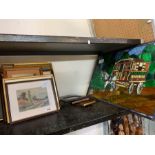 Shelf of framed pictures & stained glass window, c