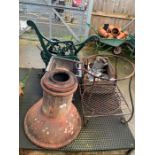 Pair of green metal bench ends, large square plant