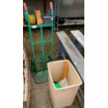 Sack truck & plastic bin containing an oil can & f