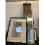 Shelf of framed pictures & mirror, condition reque