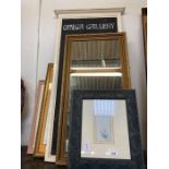 Shelf of framed prints, blackboard & mirror, condi