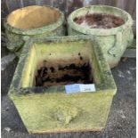 3 reconstituted stone pots, 2 circular & 1 square,