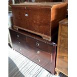 Pine trunk & low set of wooden drawers, 2 short,