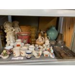 Shelf of items to include vases, Bronte pots, Corn