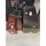 2 leather suitcases along with 2 metal trunks & a