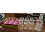 Cut glass decanter, 6 wine glasses & 6 boxed tumbl
