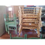 4 cane chairs along with 2 green painted