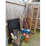 Garden tools, large dog crate, wooden triple ladde