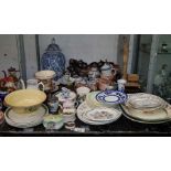 Shelf of plates, meat plates, blue & white ginger