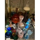 Half shelf of glass, decanters, glass baskets, vas