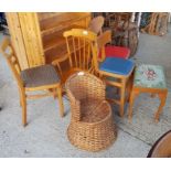 4 kitchen chairs, wooden stool & wicker seat/chair