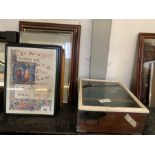 Shelf of framed pictures & small display cabinet