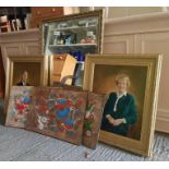 Gilt framed mirror, 2 portraits & 3 bird painted p