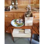 Wooden trolley, plates, oil lamp etc, condition re