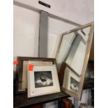 Shelf of framed pictures & mirror, condition reque