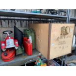 Large wooden crate, oil cans, childs ride on fire