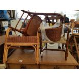Wicker chair, wicker basket along with 2 other cha