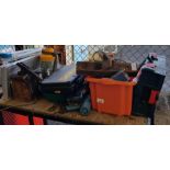 Shelf of tools to include saws, Dewalt drill etc