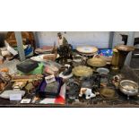 Shelf of plates, brass items, statues etc conditio