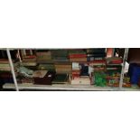 Shelf of books, wooden box, childrens toys etc con