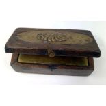 A 19th century oak snuff box, the lid with brass r