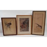 Three Japanese prints, one of a goose in flight, p