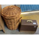 Wicker laundry basket & cased Singer sewing machine