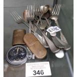 Military pocket watch, silver plate cutlery, vinta