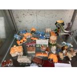 Miniature ceramic houses, ceramic animals, glass h