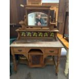 Victorian pine washstand with marble top, tiled & mirrored b