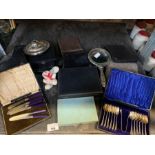 Boxed plated cutlery, dressing table mirror & othe