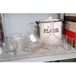 Enamel flower bin along with decanters & other gla