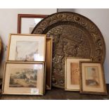 Framed prints/pictures & a brass tray