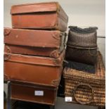 Quantity of vintage leather suitcases, wicker bask