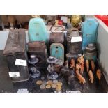 Collection of paraffin lamps, ammo box & wooden an
