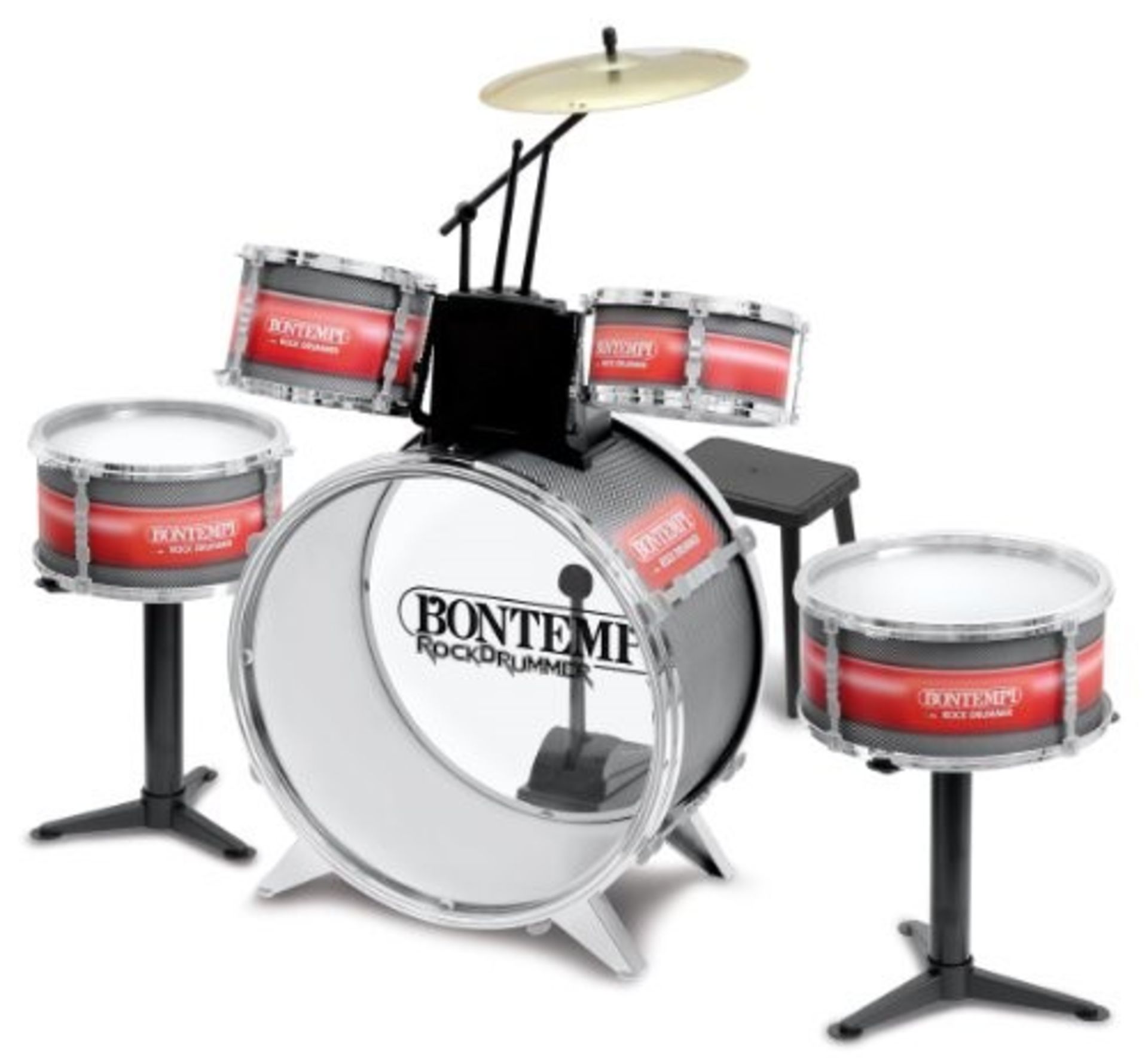 Bontempi 51 4830 6 Pieces Metallic Silver Drum Set with Stool, Multi-Color