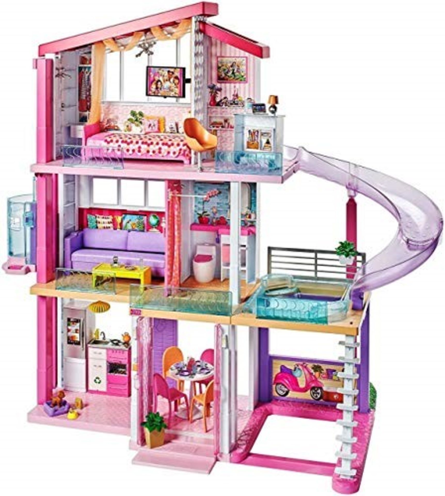RRP £229.00 Barbie Estate Dreamhouse Adventures Large Three-Story Dolls House, Pink with Transform