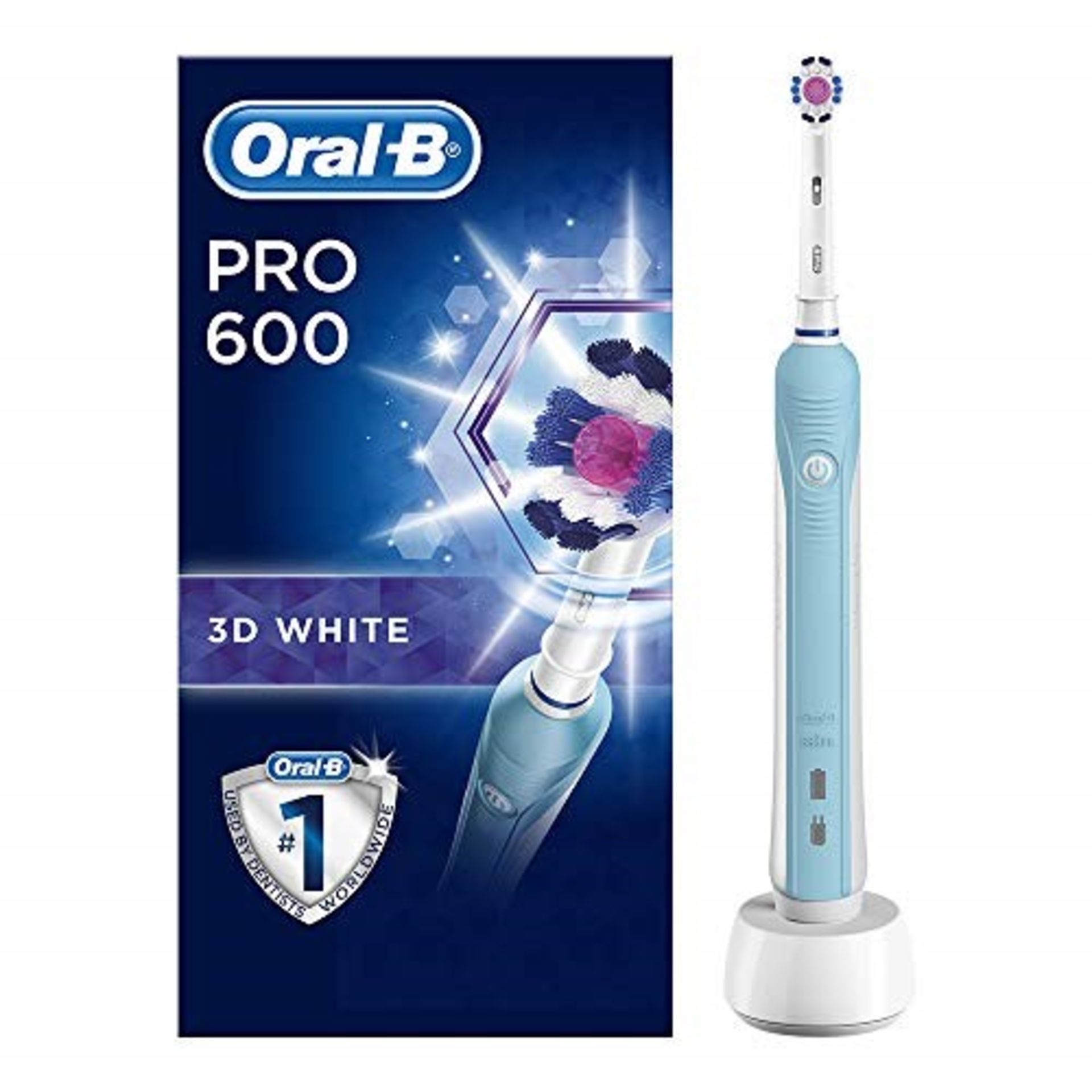 Oral-B Pro 600 3D White Electric Rechargeable Toothbrush Powered by Braun, 1 Handle, 1
