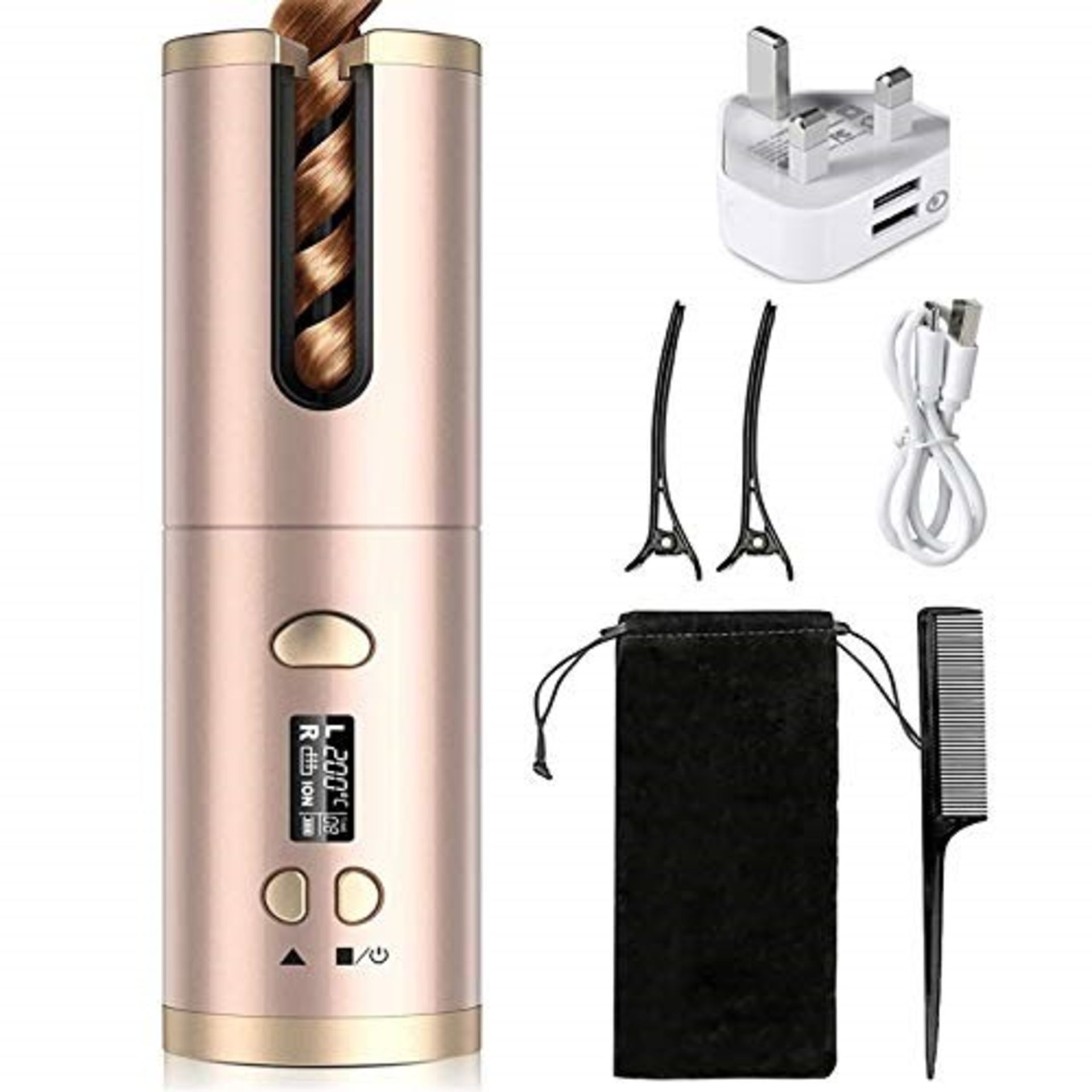 Cordless Hair Curler, QUARED Portable Auto Curling Iron Anti-Tangle, LCD Display, USB