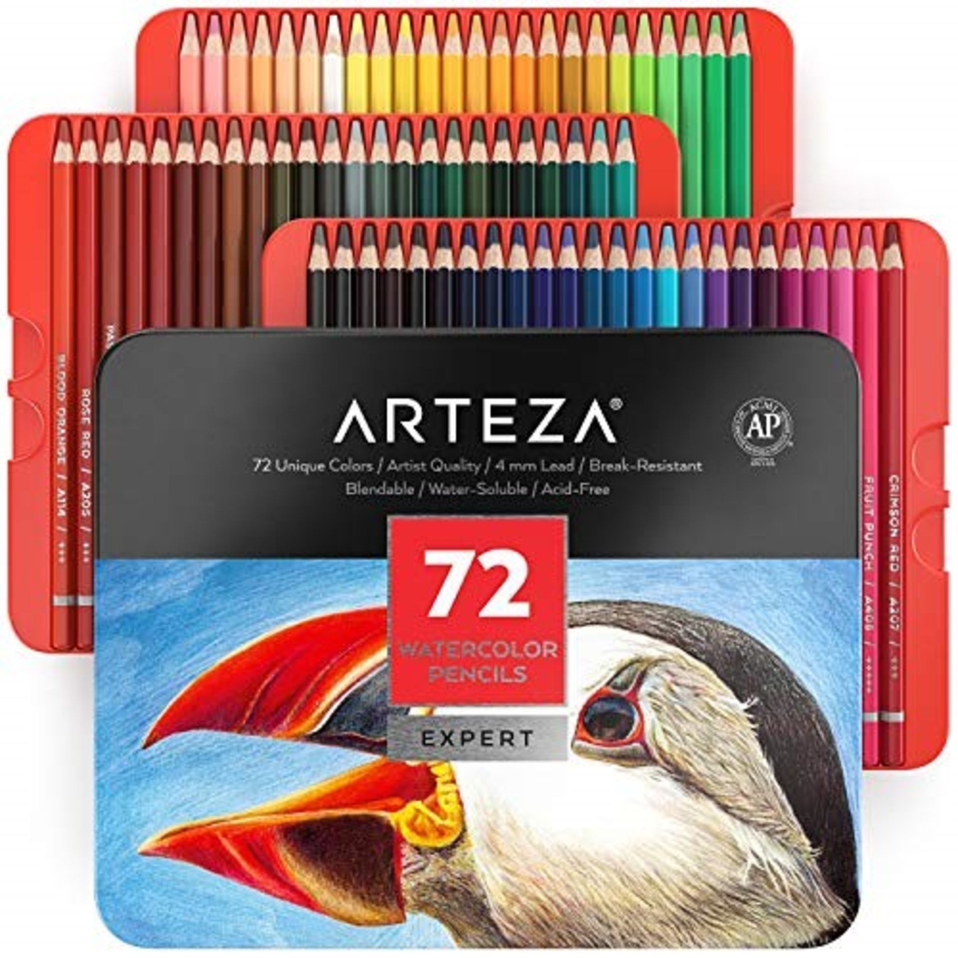Arteza Professional Watercolour Pencils, Set of 72, Multi-Coloured Drawing Pencils for