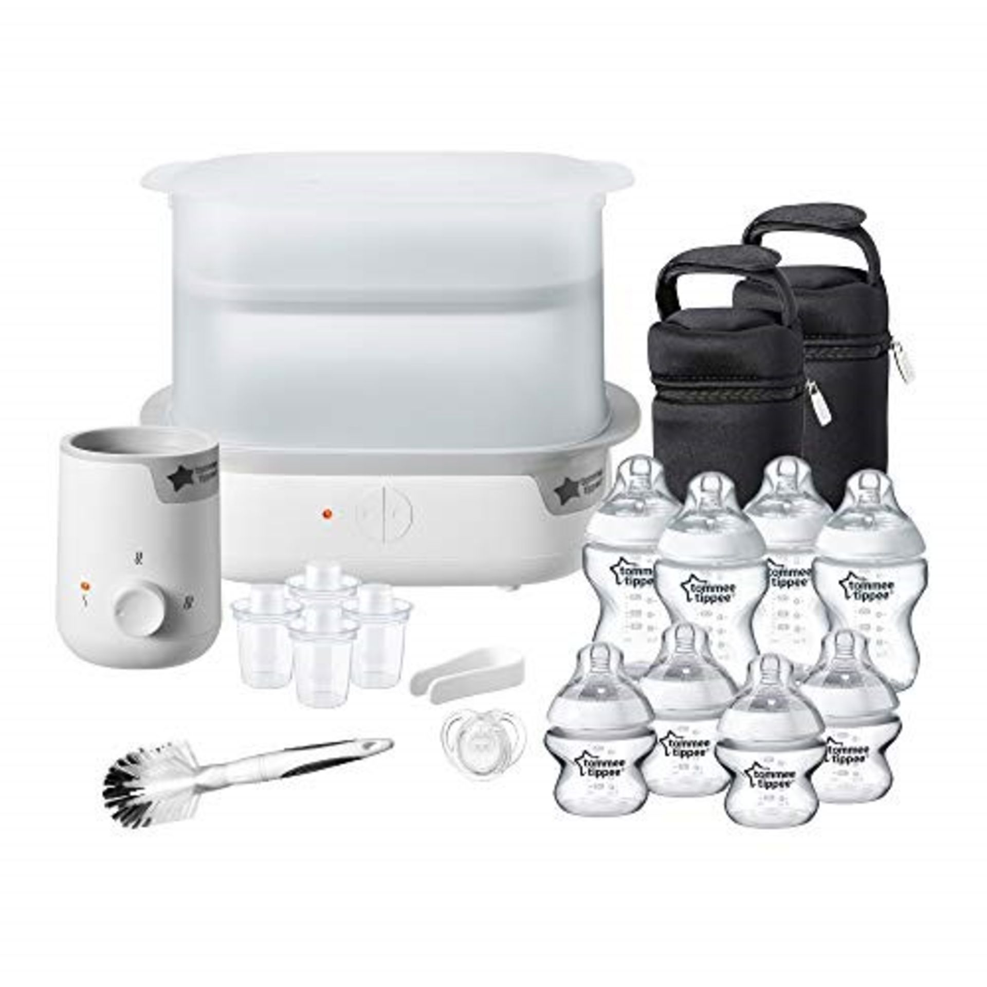 RRP £74.00 Tommee Tippee Complete Feeding Set, Super-Steam Electric Steriliser, Baby Bottle and F